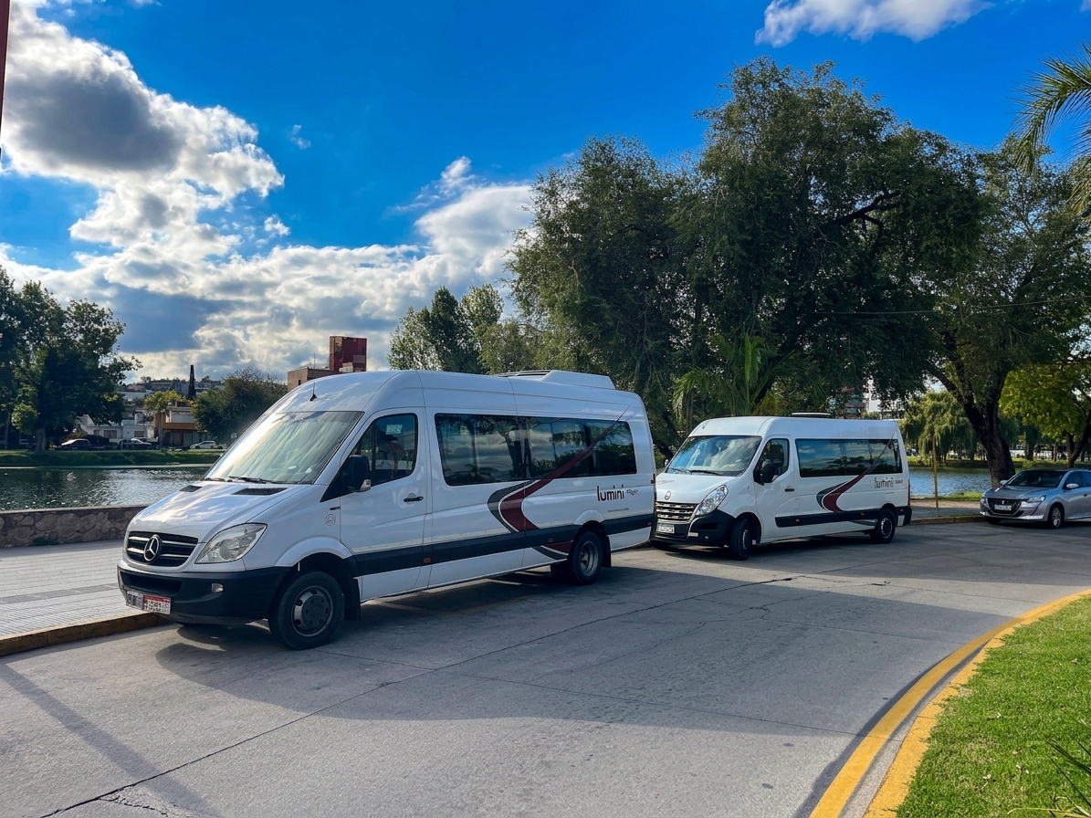 Sprinter blanca de Lumini Viajes, vista de frente y de costado